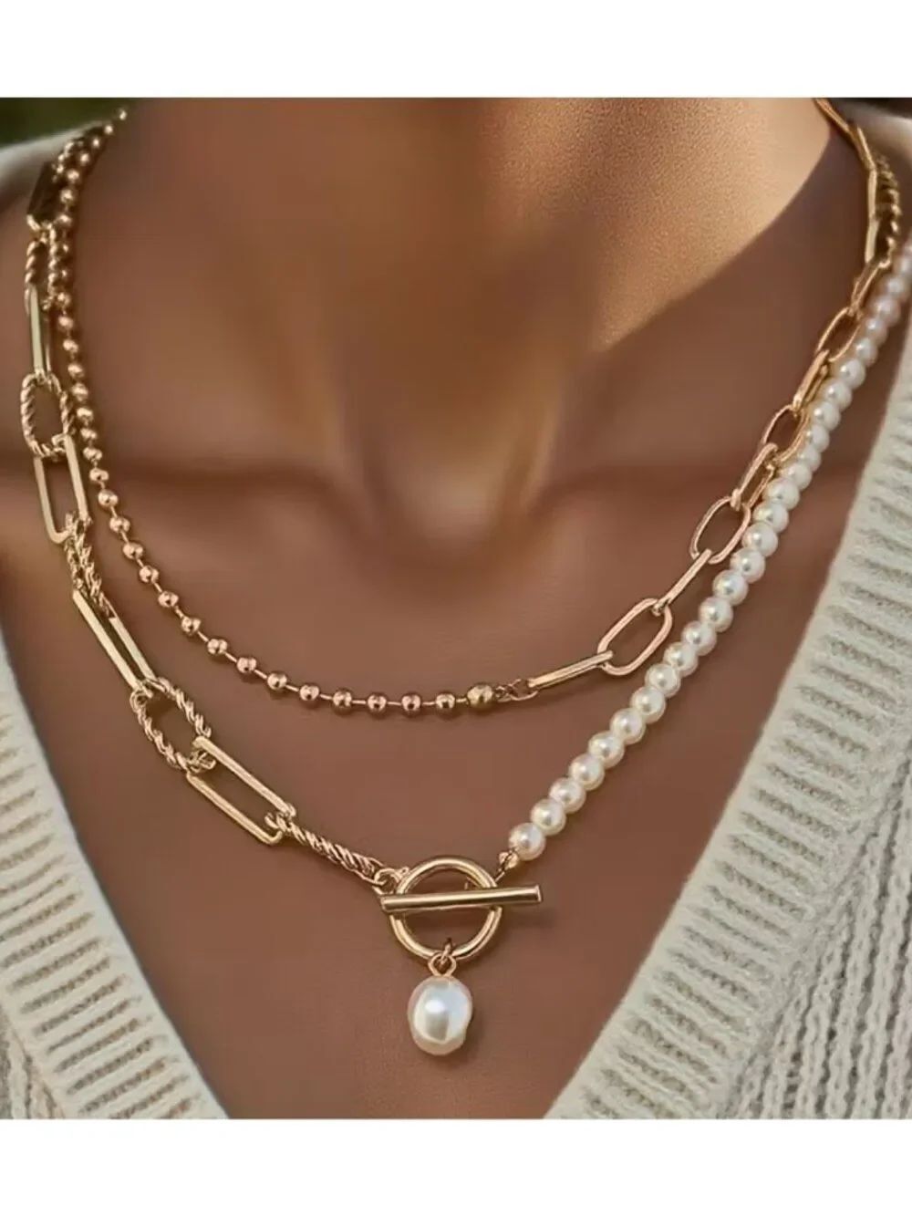 NWT Boho Pearl Layered Necklace Set Silver/Gold-Tone Paperclip Pearl Chain